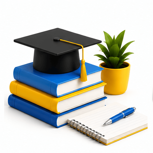 Graduation cap on a stack of books with a notebook