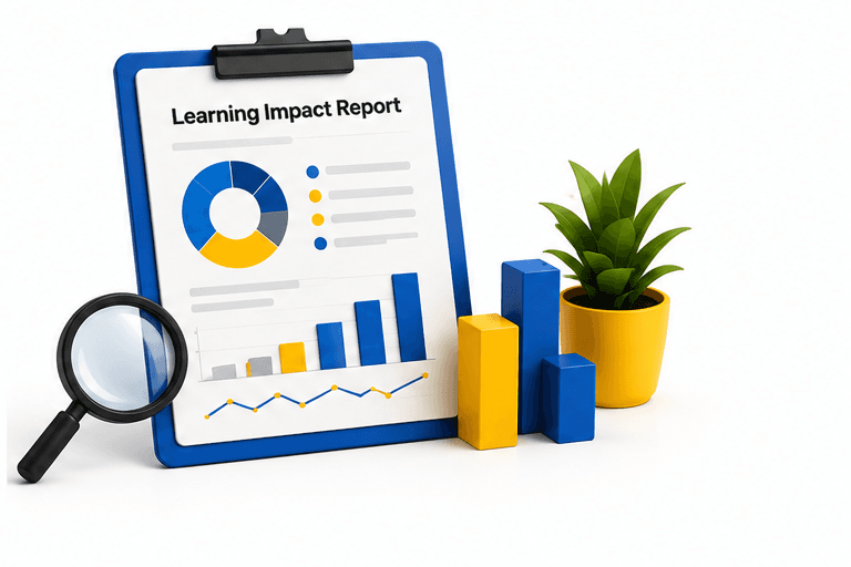 Learning impact report with charts and a magnifier