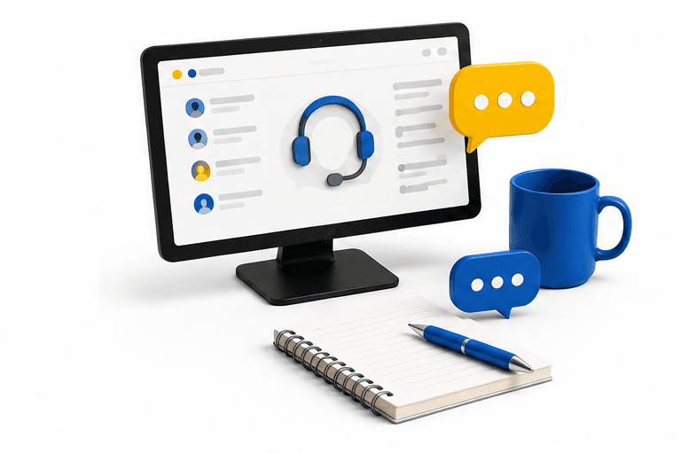 Monitor with a headset and chat bubbles