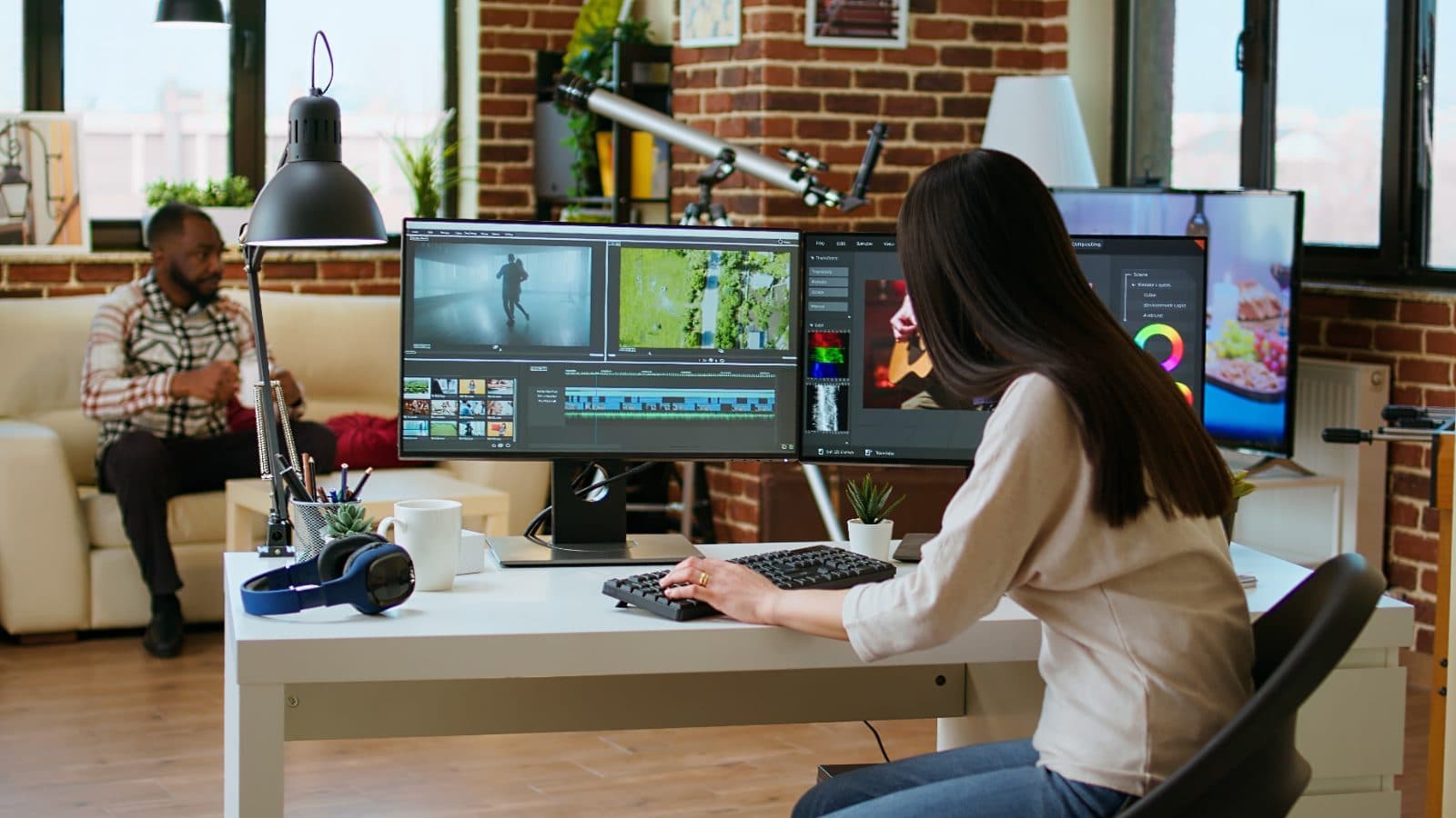 A video editor working across dual monitors in a creative studio