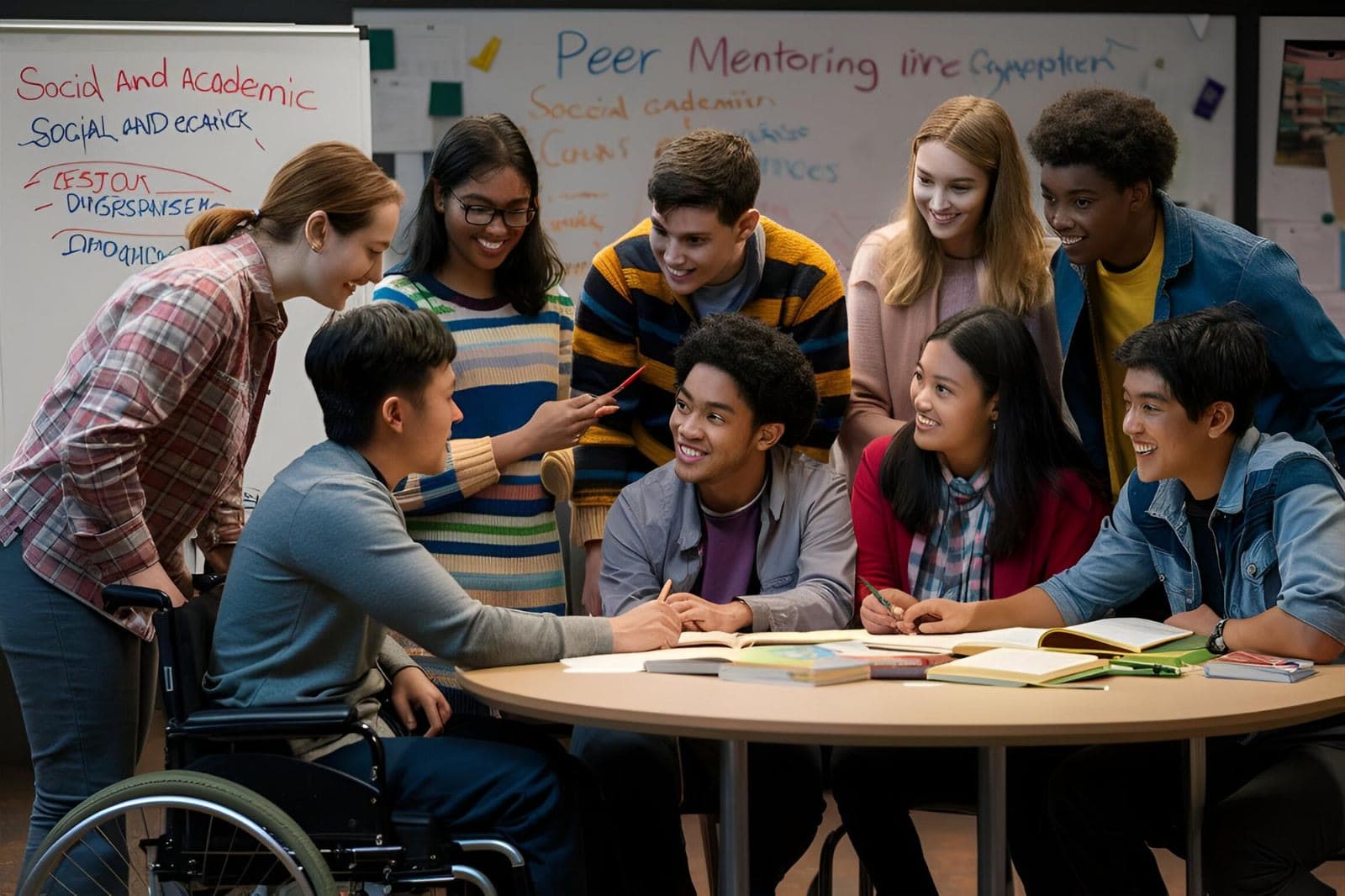 A diverse group of students collaborating around a table, including a peer using a wheelchair