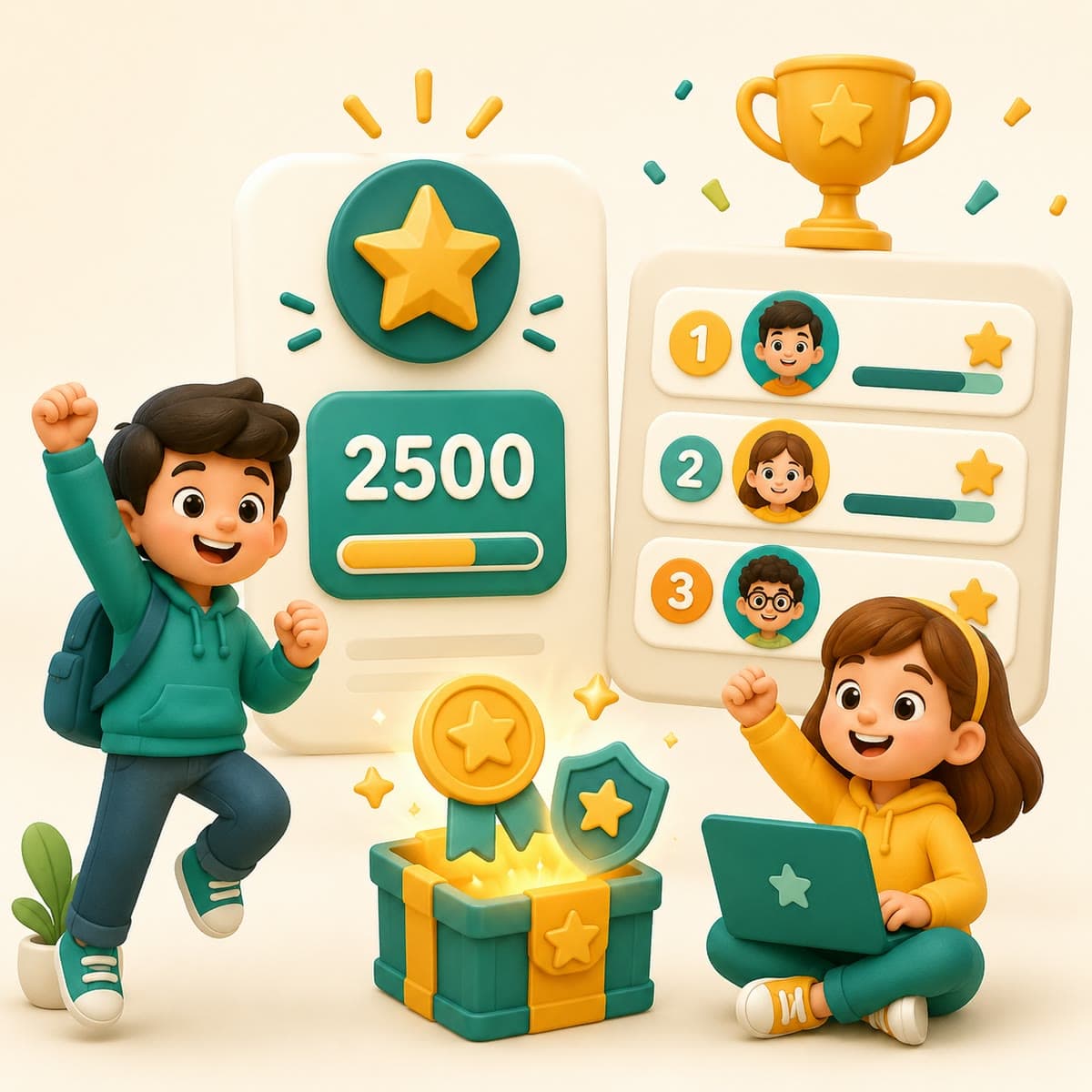 Points, badges and a leaderboard celebrating young learners