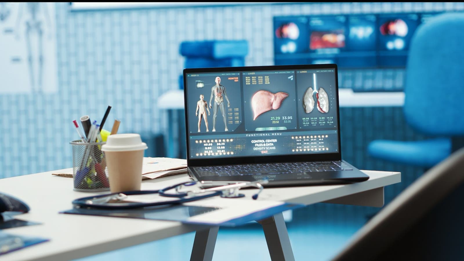 Clinician reviewing 3D anatomy on a diagnostic laptop