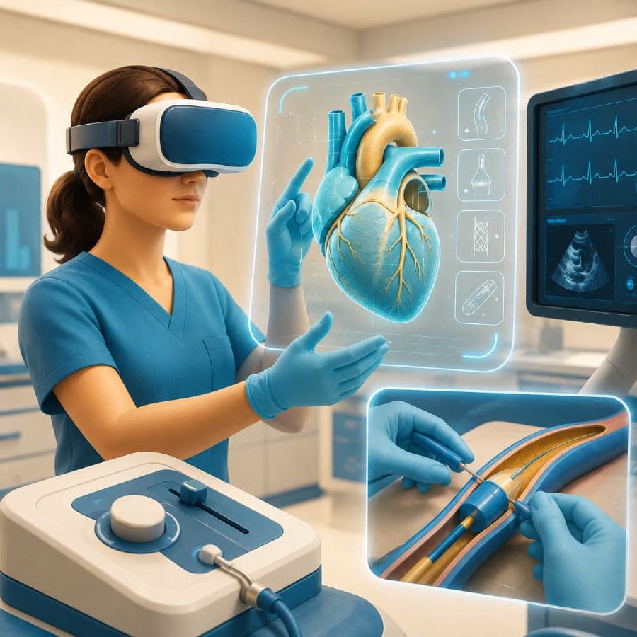 Clinician in a VR headset exploring a 3D heart