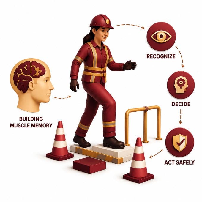 Worker practicing recognize, decide and act safely to build muscle memory