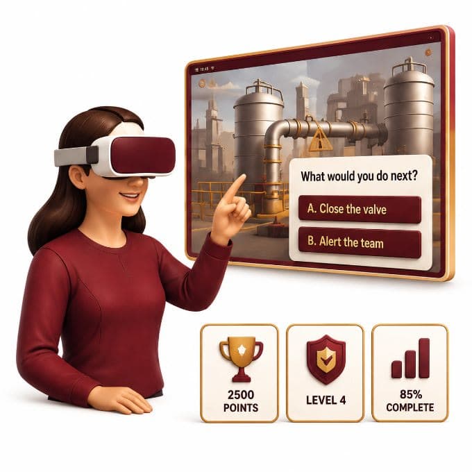 Trainee in a VR headset choosing what to do next in a gamified safety simulation